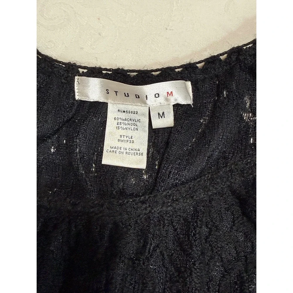 Studio M Lace Knit Top Womens Medium Black Flutter Sleeve Wool Blend Whimsigoth - Picture 4 of 8